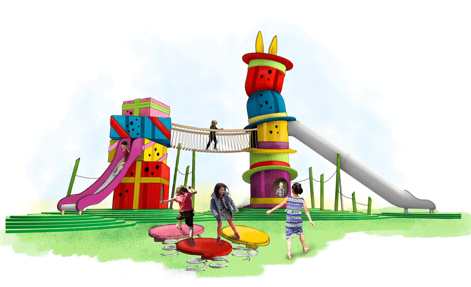 Rendered visualisation of playground design with towers of gifts and hats