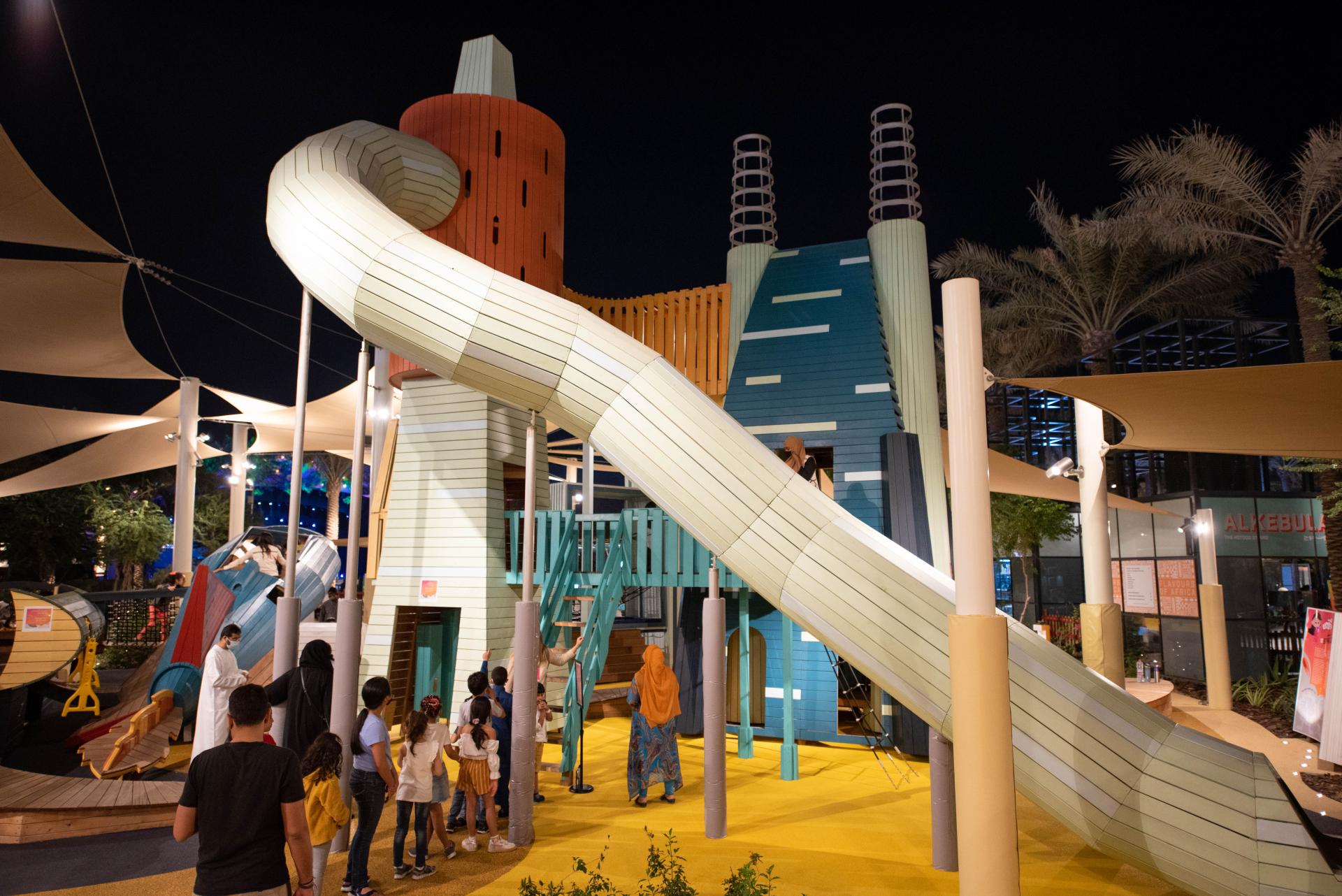 Kids playing at Future city playground, Expo 2020, MONSTRUM playgrounds