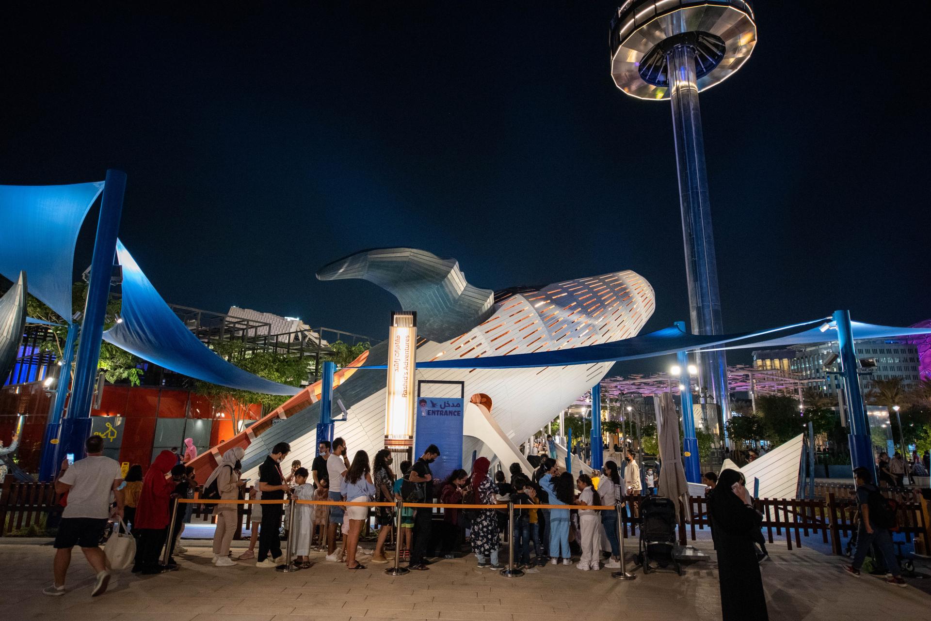 People in queue to whale playground at Expo 2020, MONSTRUM playgrounds