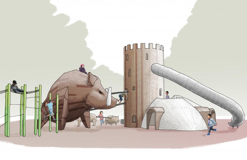 De 5 halder MONSTRUM playground the five halds Historical playground sketch